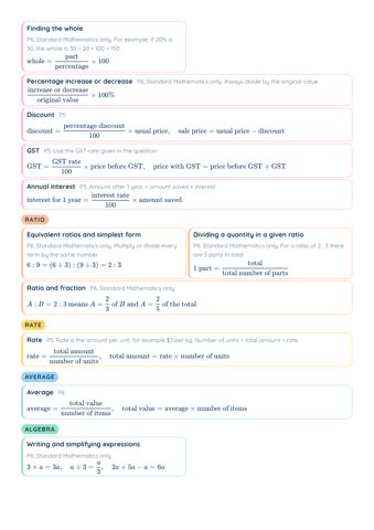 PSLE Math Formulas PDF, page 2 of 4: Rate, Average, Algebra