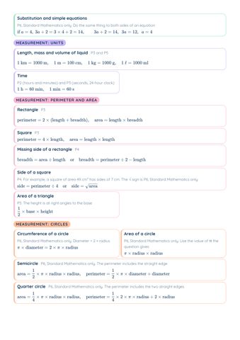 PSLE Math Formulas PDF, page 3 of 4: Measurement: units, Measurement: perimeter and area, Measurement: circles