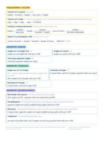 PSLE Math Formulas PDF, page 4 of 4: Measurement: volume, Geometry: angles, Geometry: triangles, Geometry: quadrilaterals