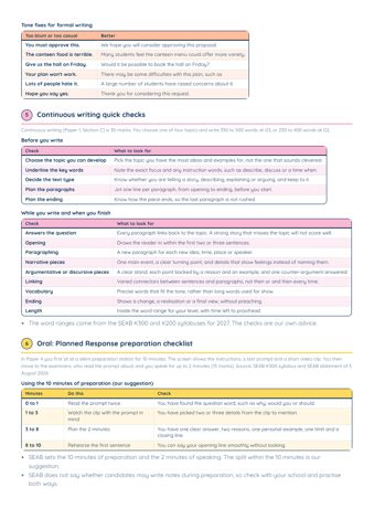 SEC English Writing and Oral Checklists PDF, page 4 of 7: Continuous writing quick checks, Oral: Planned Response preparation checklist