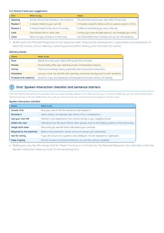 SEC English Writing and Oral Checklists PDF, page 5 of 7: Oral: Spoken Interaction checklist and sentence starters